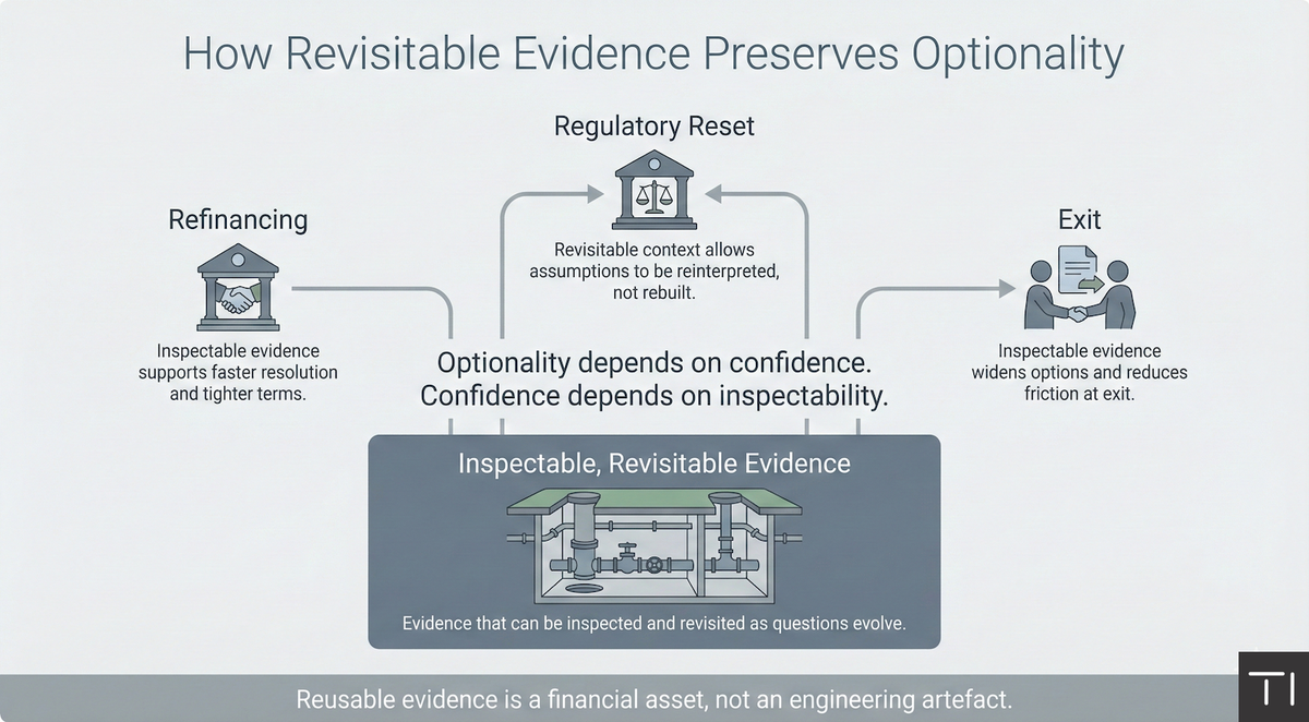 Revisitable Evidence Preserves Optionality